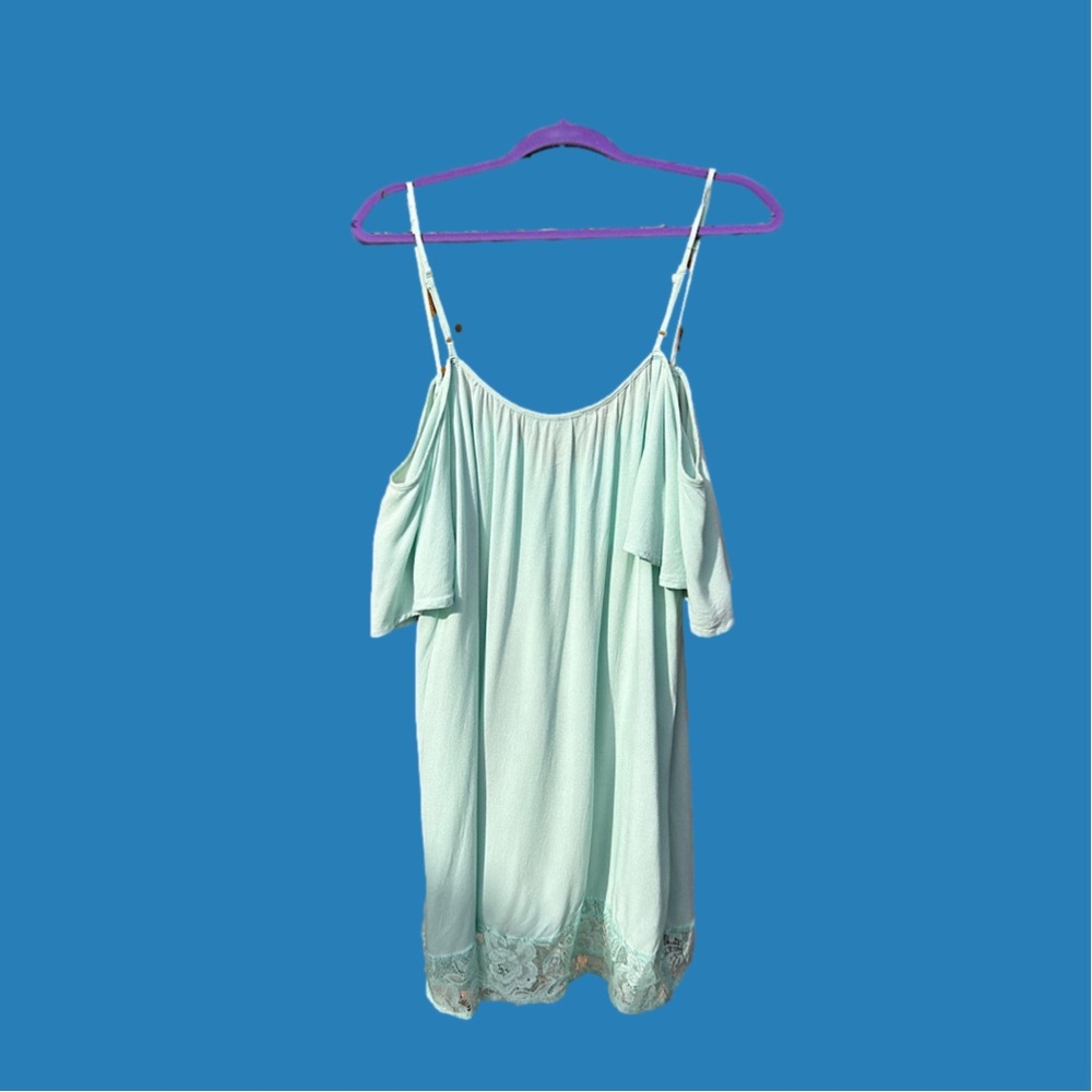 Sz L-Flying Tomato brand mint color cold shoulder dress w/lace accents & tie - Picture 8 of 8